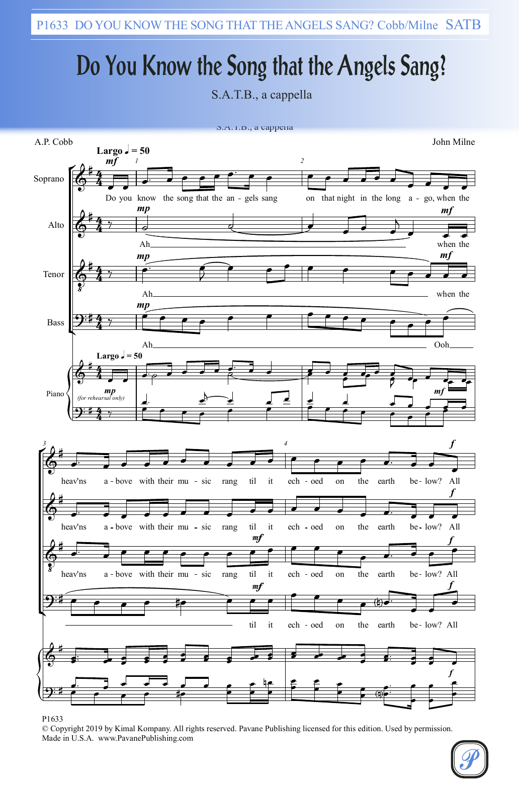 A.P. Cobb and John Milne Do You Know The Song That The Angels Sang Sheet Music Notes & Chords for SATB Choir - Download or Print PDF
