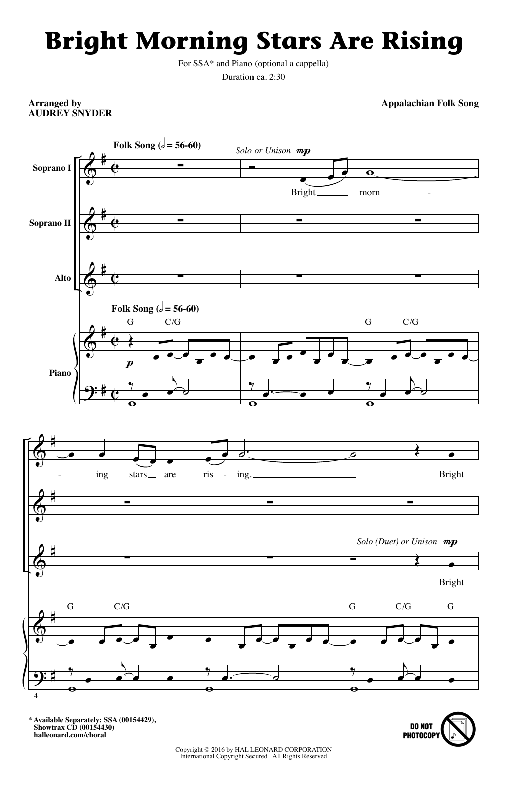 Appalachian Folk Song Bright Morning Stars Are Rising (arr. Audrey Snyder) Sheet Music Notes & Chords for SSA Choir - Download or Print PDF