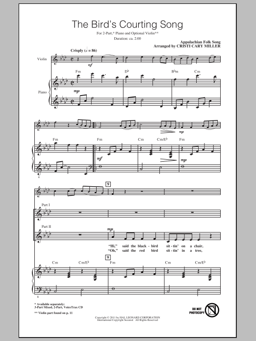 Appalachian Folk Song The Bird's Courting Song (arr. Cristi Cary Miller) Sheet Music Notes & Chords for 2-Part Choir - Download or Print PDF