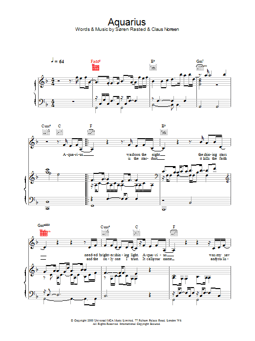 Aqua Aquarius Sheet Music Notes & Chords for Piano, Vocal & Guitar - Download or Print PDF