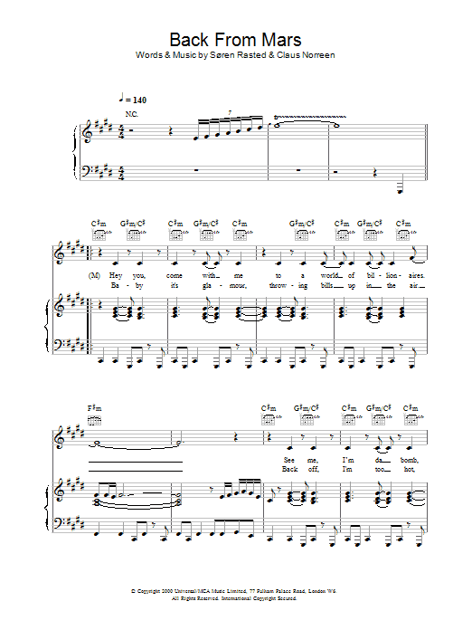 Aqua Back From Mars Sheet Music Notes & Chords for Piano, Vocal & Guitar - Download or Print PDF