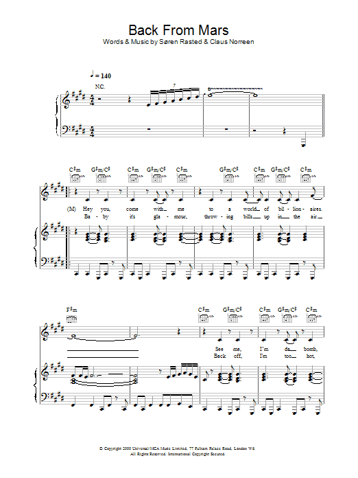 Preview Aqua Back From Mars Pop sheet music, notes and chords for Piano, Vocal & Guitar, SKU: 18496 Back From Mars sheet music