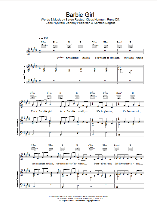 Aqua Barbie Girl Sheet Music Notes & Chords for Piano, Vocal & Guitar (Right-Hand Melody) - Download or Print PDF