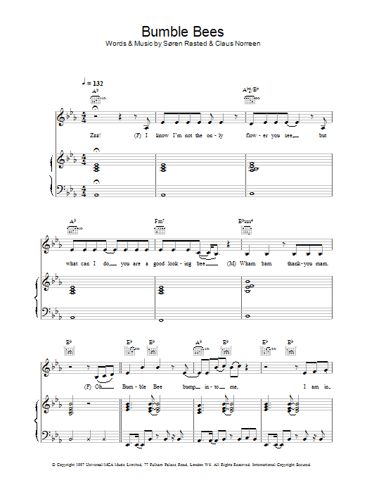 Aqua Bumble Bees Sheet Music Notes & Chords for Piano, Vocal & Guitar - Download or Print PDF
