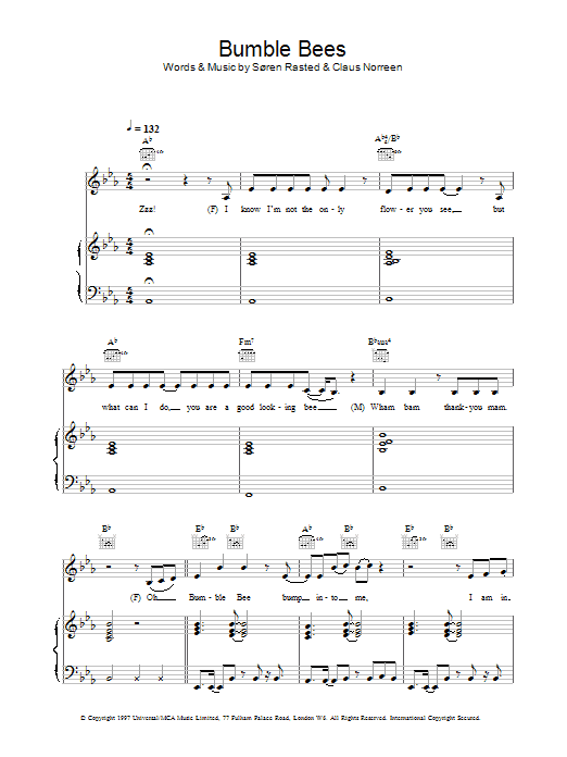 Preview Aqua Bumble Bees Pop sheet music, notes and chords for Piano, Vocal & Guitar, SKU: 18498 Bumble Bees sheet music