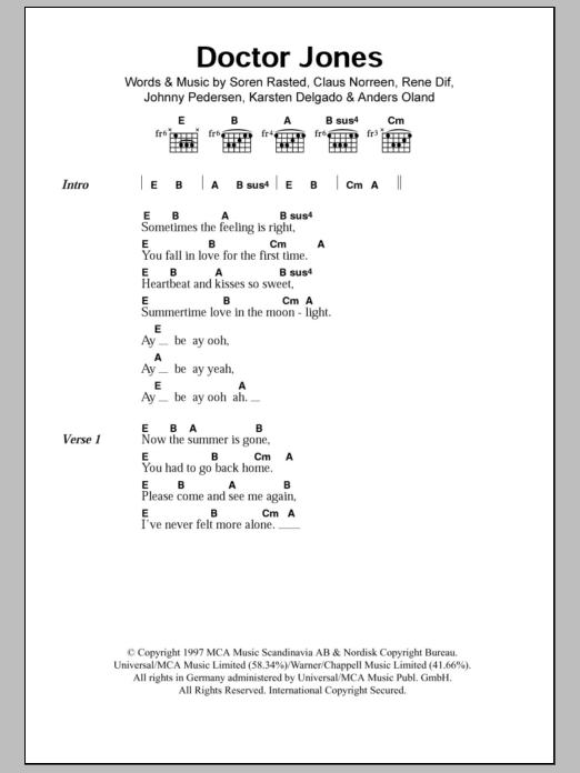 Aqua Doctor Jones Sheet Music Notes & Chords for Lyrics & Chords - Download or Print PDF