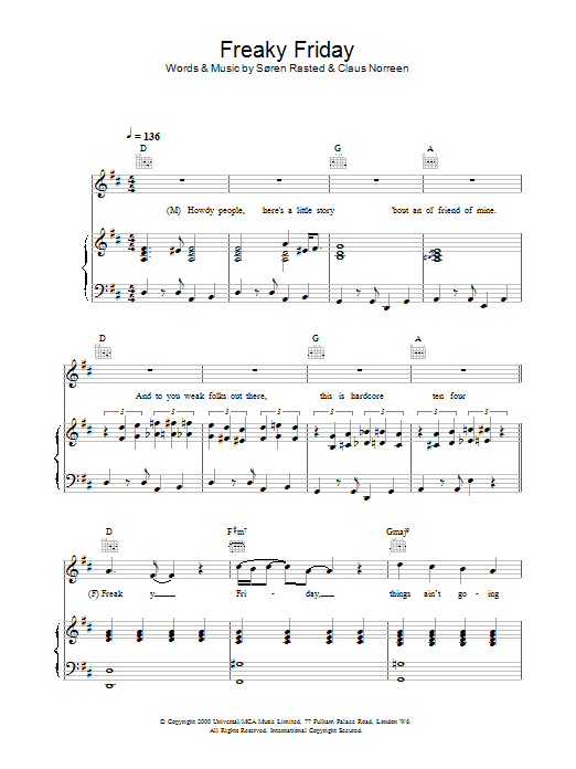 Aqua Freaky Friday Sheet Music Notes & Chords for Piano, Vocal & Guitar - Download or Print PDF