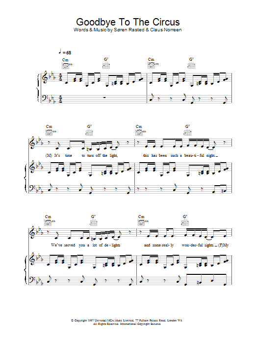 Aqua Goodbye To The Circus Sheet Music Notes & Chords for Piano, Vocal & Guitar - Download or Print PDF