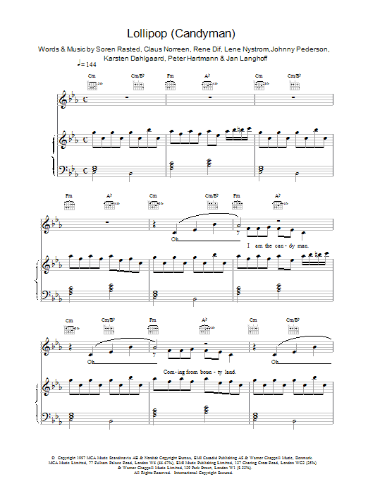 Aqua Lollipop (Candyman) Sheet Music Notes & Chords for Piano, Vocal & Guitar (Right-Hand Melody) - Download or Print PDF