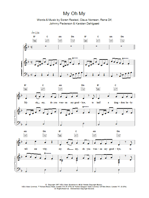 Aqua My Oh My Sheet Music Notes & Chords for Lyrics & Chords - Download or Print PDF