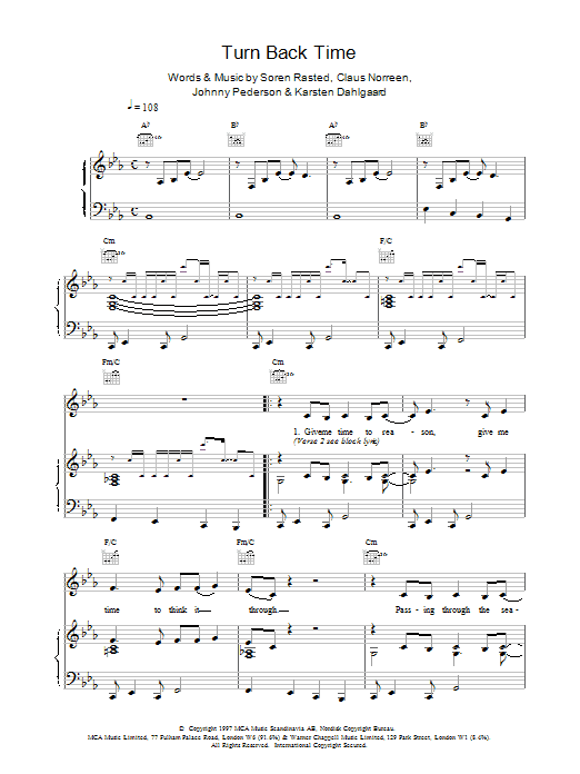 Aqua Turn Back Time Sheet Music Notes & Chords for Piano Chords/Lyrics - Download or Print PDF