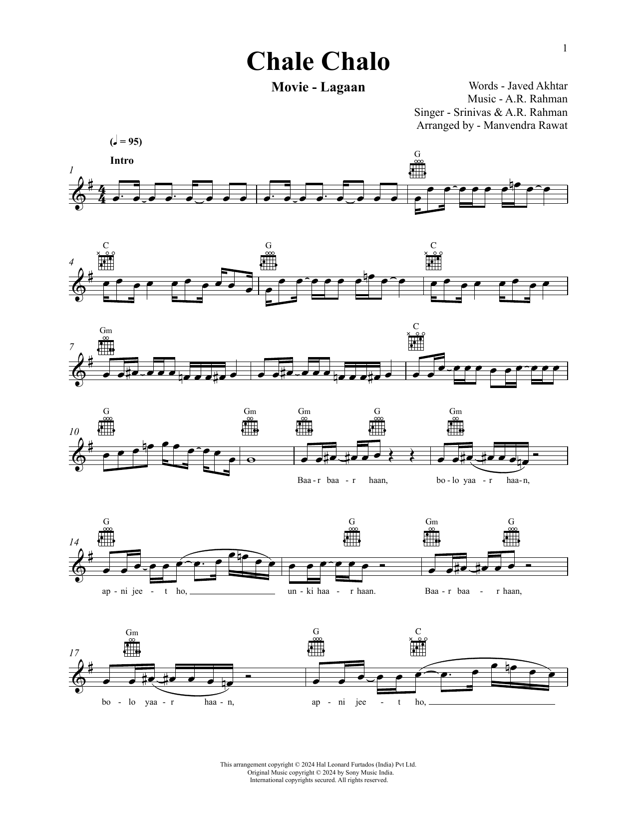 A.R. Rahman and Srinivas Chale Chalo (from Lagaan) Sheet Music Notes & Chords for Lead Sheet / Fake Book - Download or Print PDF