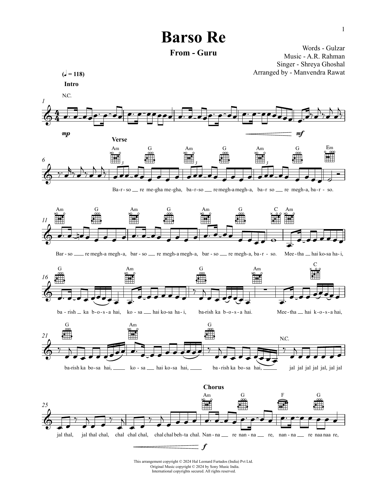 A.R. Rahman Barso Re (from Guru) Sheet Music Notes & Chords for Lead Sheet / Fake Book - Download or Print PDF