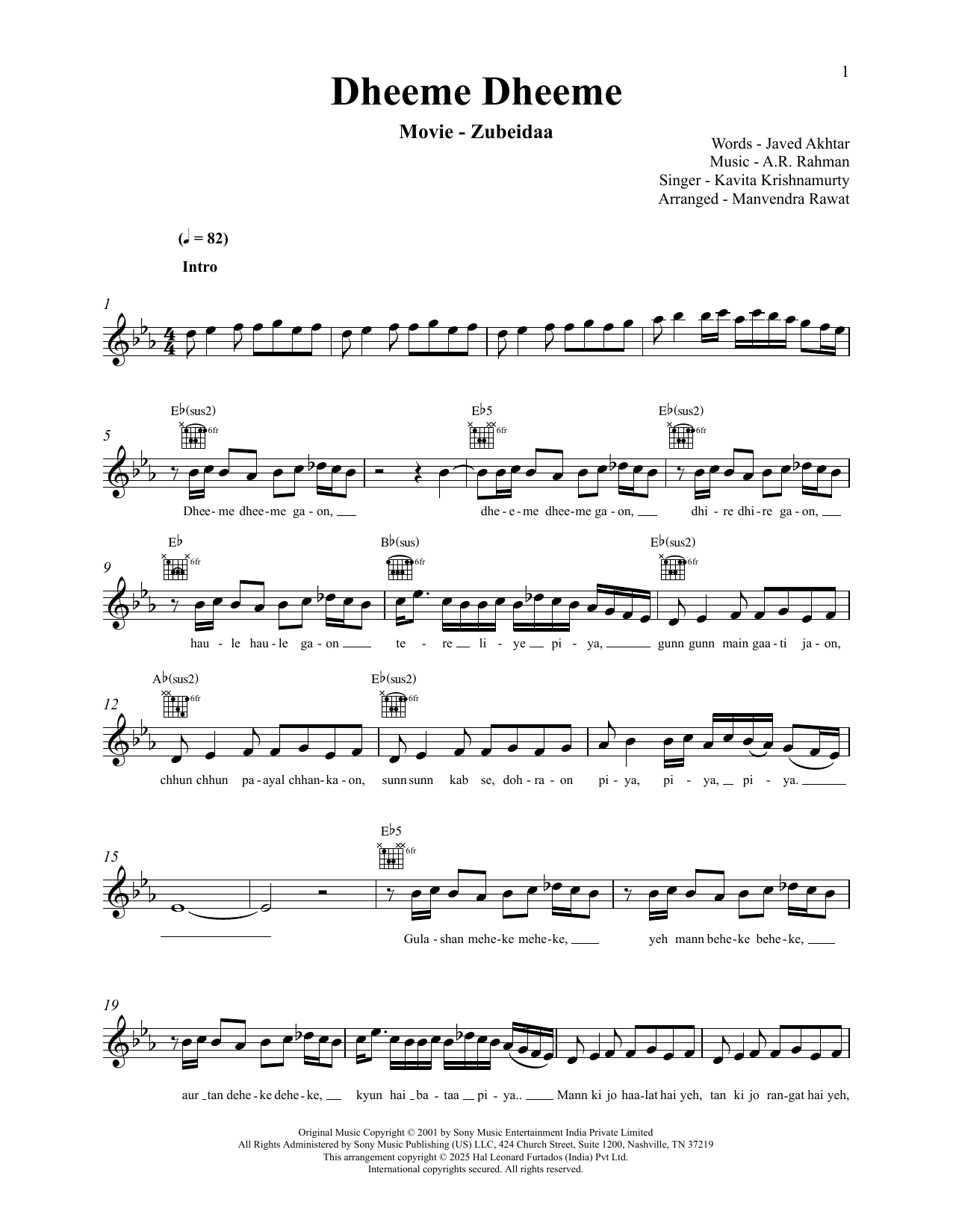 A.R. Rahman Dheeme Dheeme (from Zubeidaa) Sheet Music Notes & Chords for Lead Sheet / Fake Book - Download or Print PDF