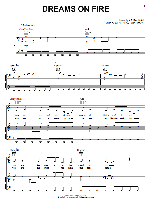 A.R. Rahman Dreams On Fire Sheet Music Notes & Chords for Piano, Vocal & Guitar (Right-Hand Melody) - Download or Print PDF