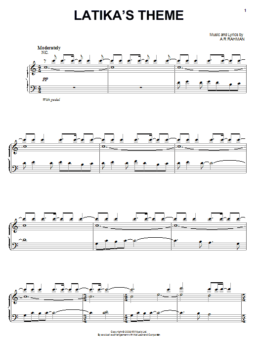 A.R. Rahman Latika's Theme Sheet Music Notes & Chords for Piano, Vocal & Guitar (Right-Hand Melody) - Download or Print PDF