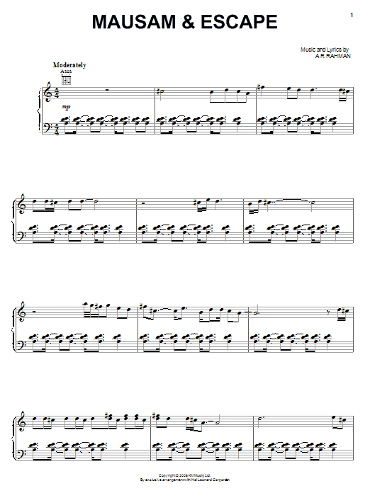 A.R. Rahman Mausam & Escape Sheet Music Notes & Chords for Piano, Vocal & Guitar (Right-Hand Melody) - Download or Print PDF