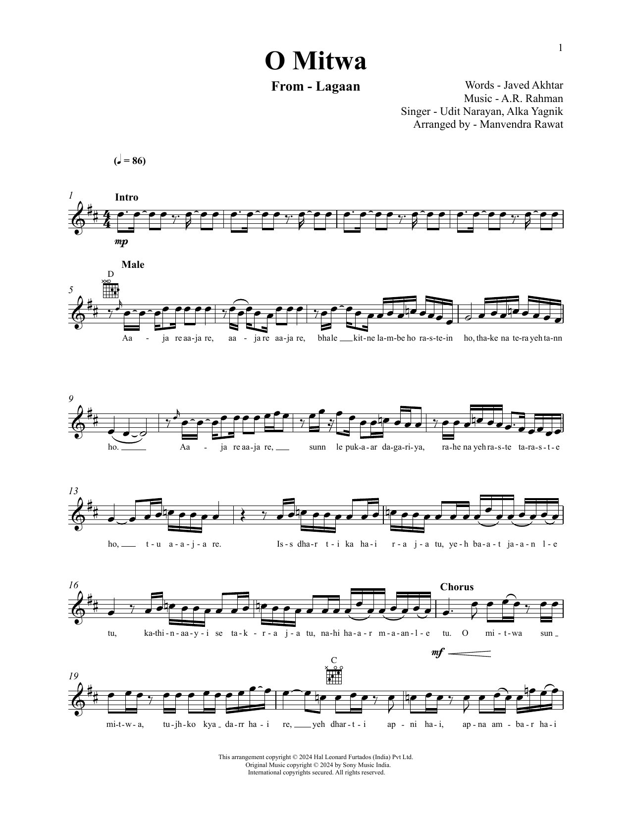 A.R. Rahman O Mitwa (from Lagaan) Sheet Music Notes & Chords for Lead Sheet / Fake Book - Download or Print PDF