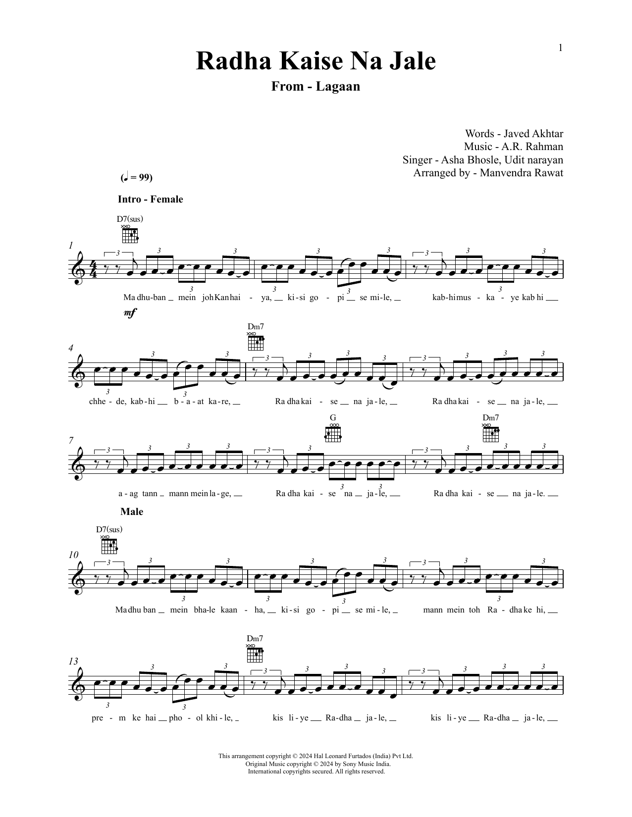 A.R. Rahman Radha Kaise Na Jale (from Lagaan) Sheet Music Notes & Chords for Lead Sheet / Fake Book - Download or Print PDF