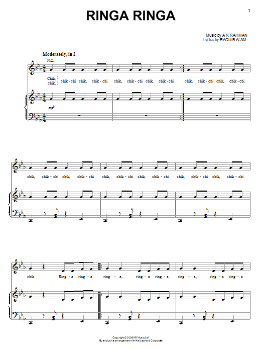 A.R. Rahman Ringa Ringa Sheet Music Notes & Chords for Piano, Vocal & Guitar (Right-Hand Melody) - Download or Print PDF