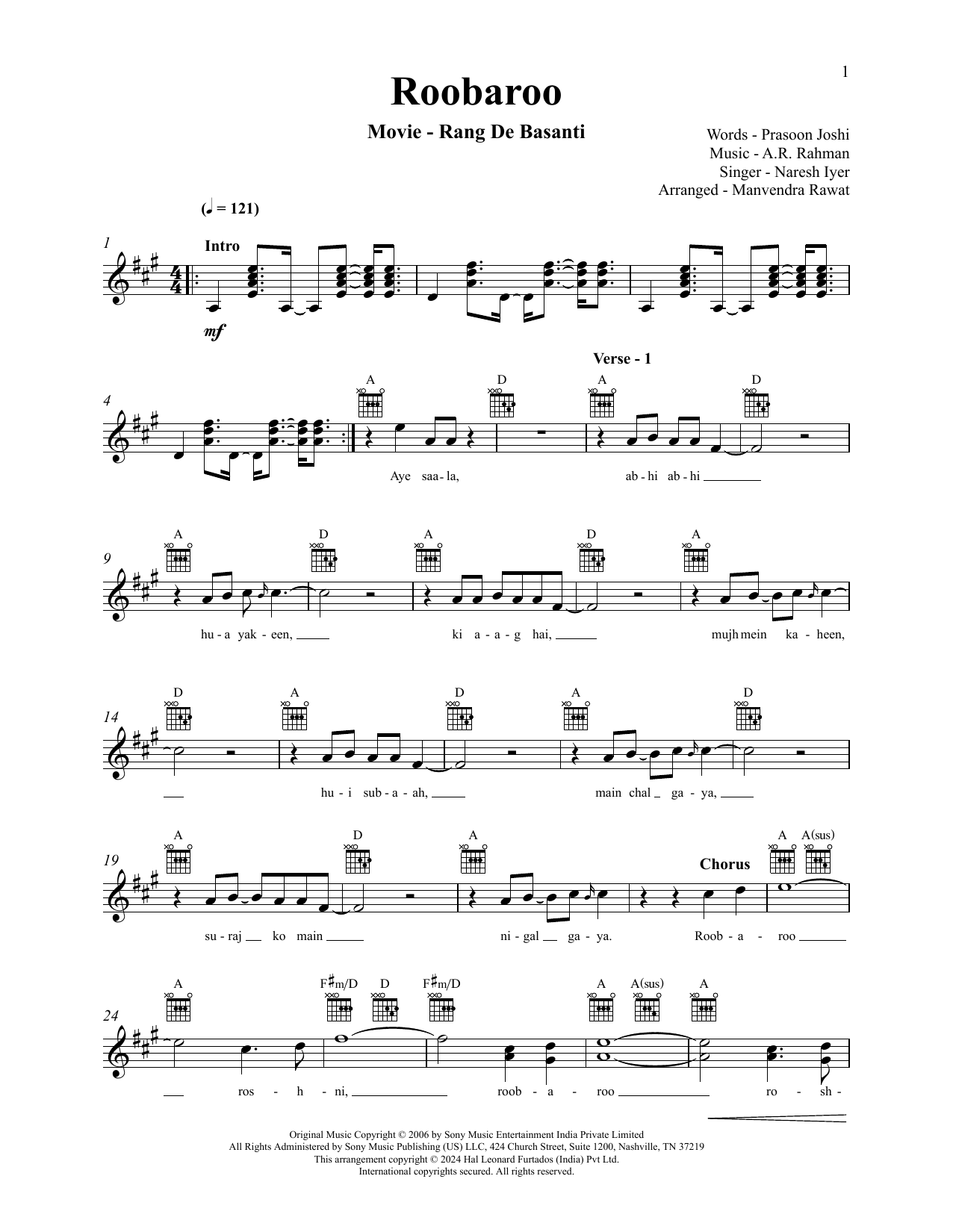 A.R. Rahman Roobaroo (from Rang De Basanti) Sheet Music Notes & Chords for Lead Sheet / Fake Book - Download or Print PDF