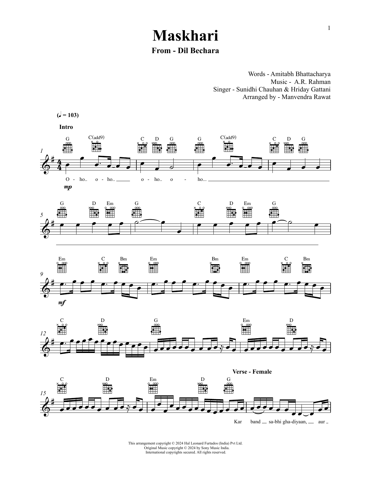 A.R. Rahman, Sunidhi Chauhan and Hriday Gattani Maskhari (from Dil Bechara) Sheet Music Notes & Chords for Lead Sheet / Fake Book - Download or Print PDF