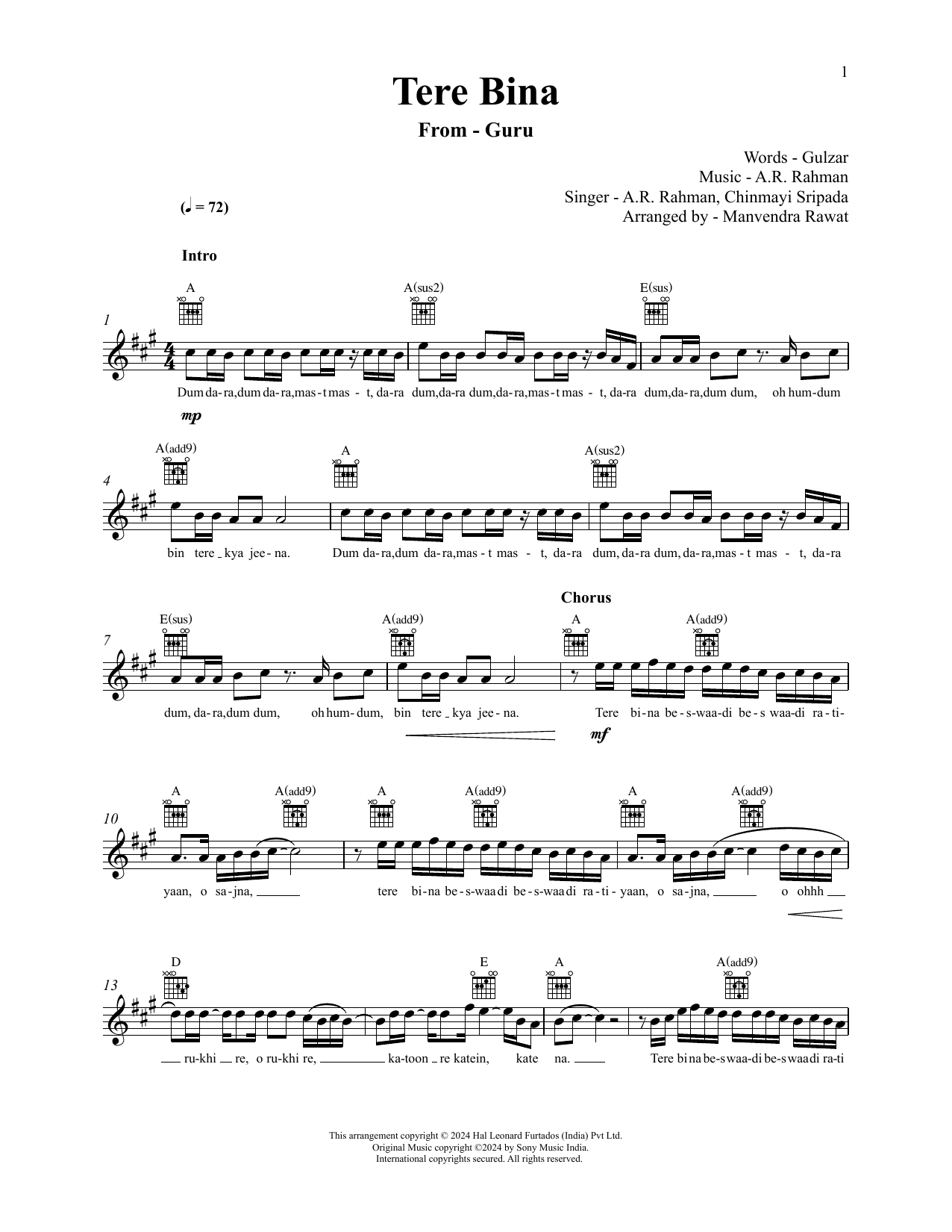 A.R. Rahman Tere Bina (from Guru) Sheet Music Notes & Chords for Lead Sheet / Fake Book - Download or Print PDF