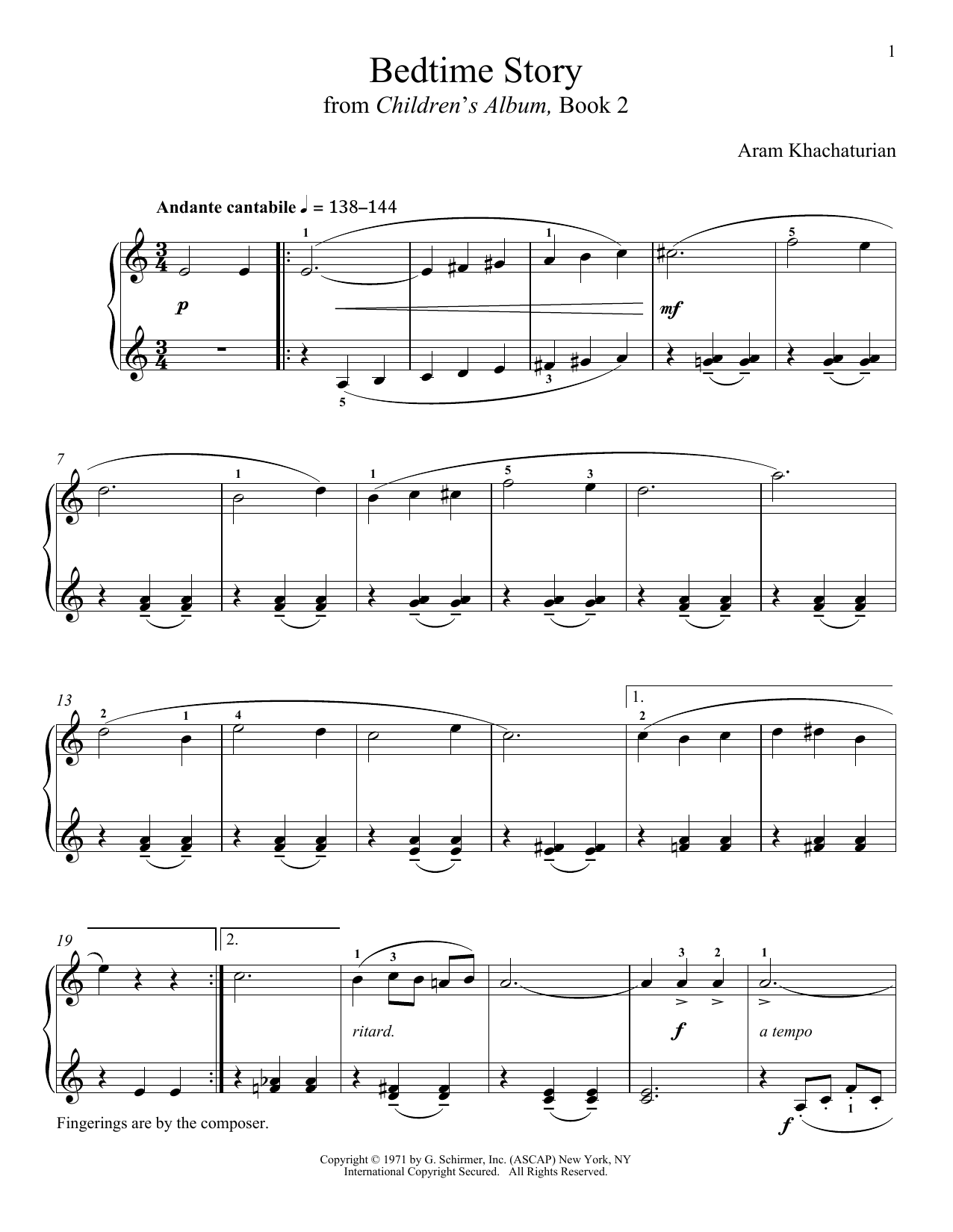 Aram Khachaturian Bedtime Story Sheet Music Notes & Chords for Piano - Download or Print PDF