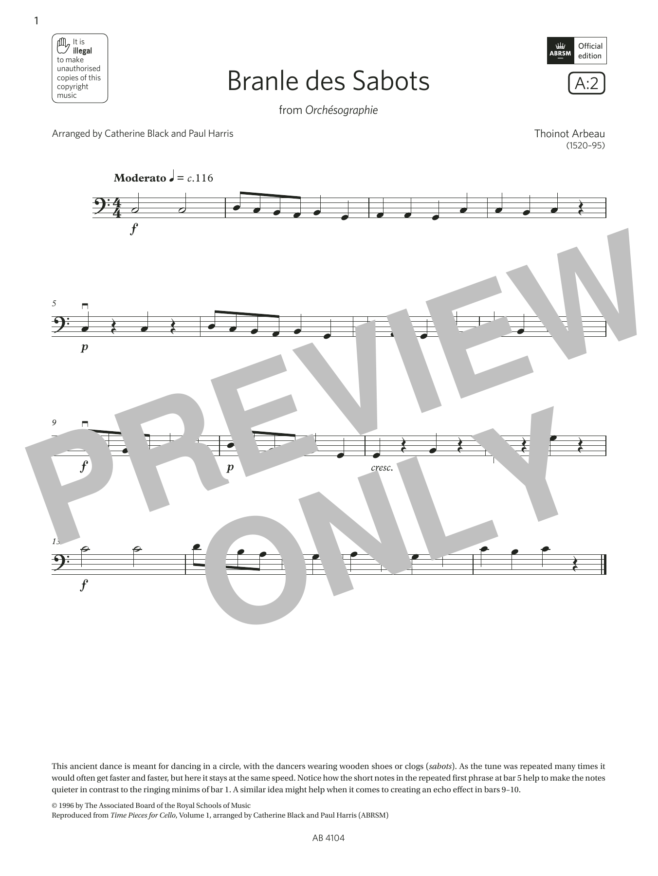 Arbeau Branle des Sabots (Grade 1, A2, from the ABRSM Cello Syllabus from 2024) Sheet Music Notes & Chords for Cello Solo - Download or Print PDF