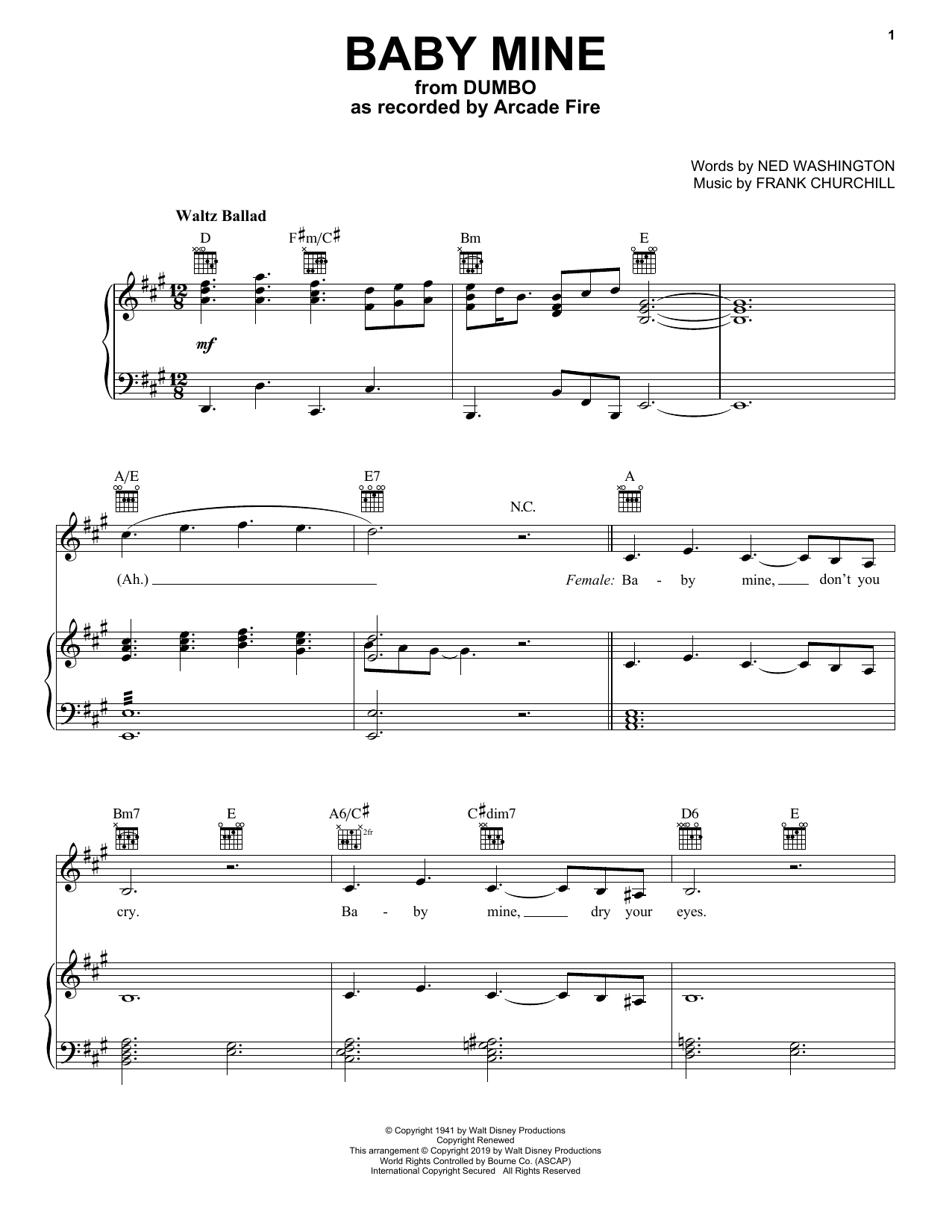 Arcade Fire Baby Mine (from the Motion Picture Dumbo) Sheet Music Notes & Chords for Piano, Vocal & Guitar (Right-Hand Melody) - Download or Print PDF