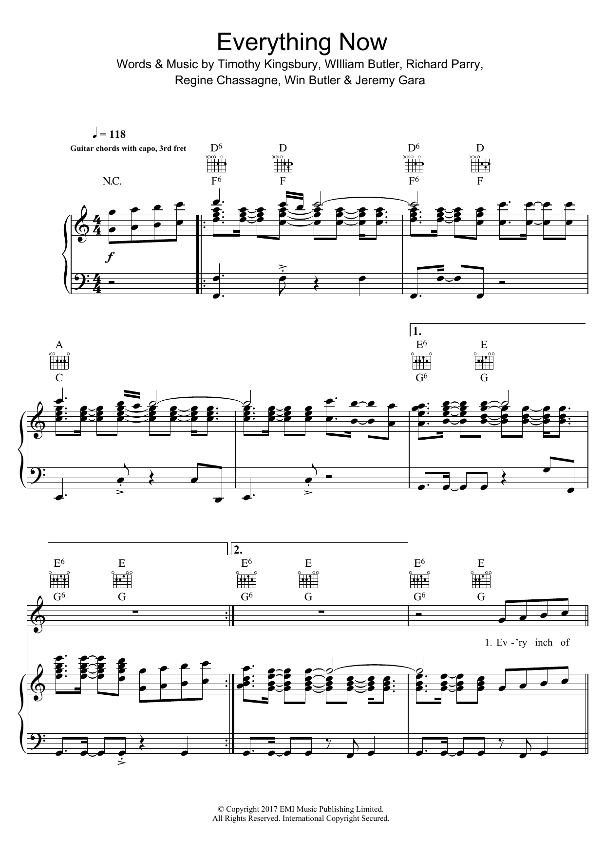 Arcade Fire Everything Now Sheet Music Notes & Chords for Piano, Vocal & Guitar (Right-Hand Melody) - Download or Print PDF