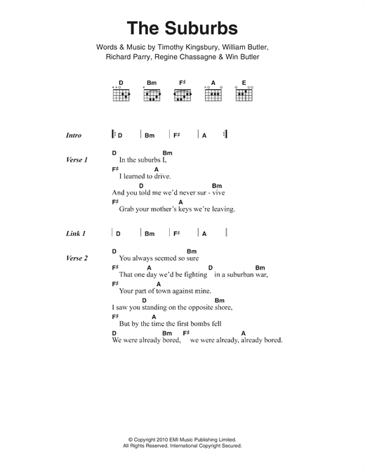 Arcade Fire The Suburbs Sheet Music Notes & Chords for Lyrics & Chords - Download or Print PDF
