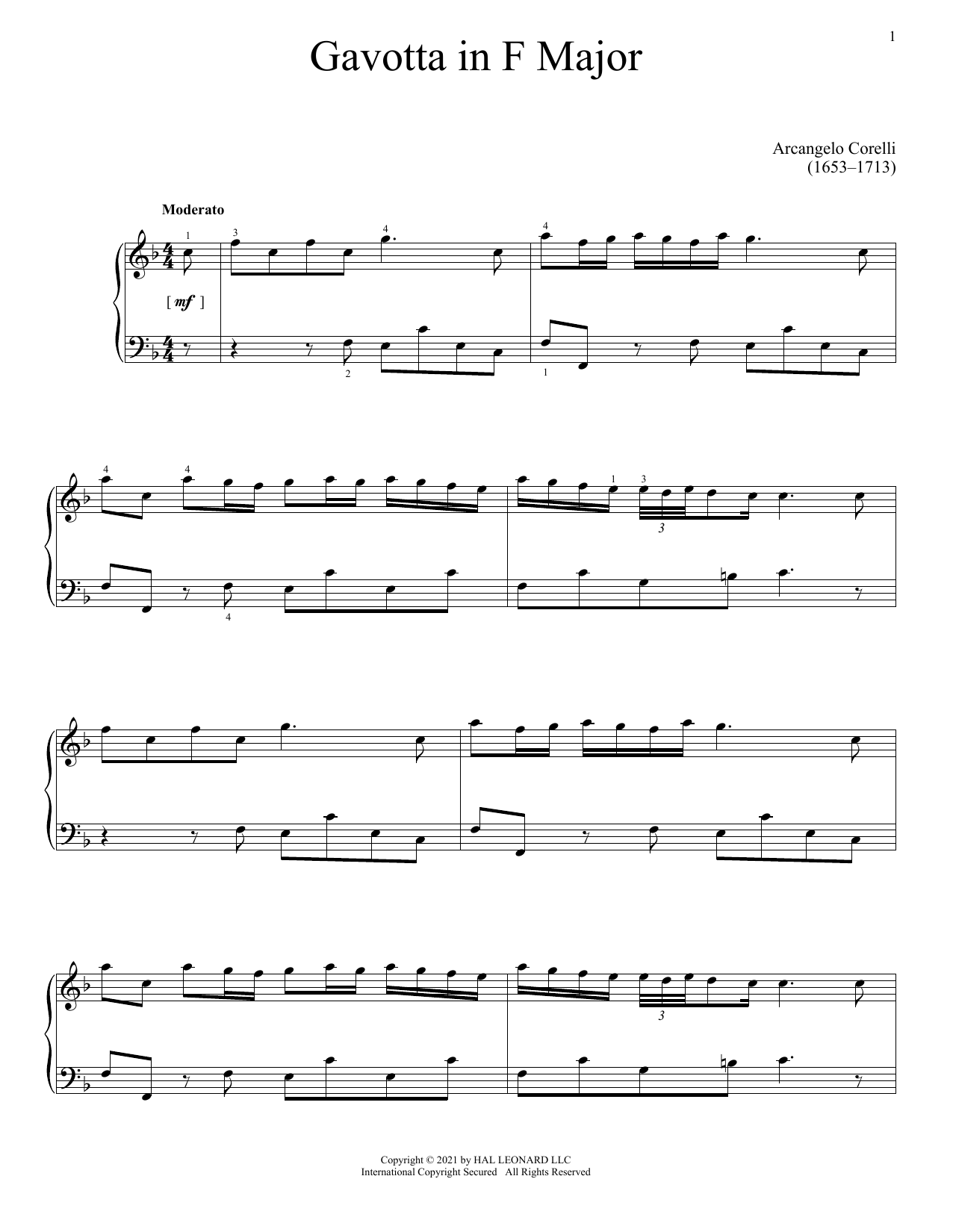 Arcangelo Corelli Gavotta In F Major Sheet Music Notes & Chords for Piano Solo - Download or Print PDF