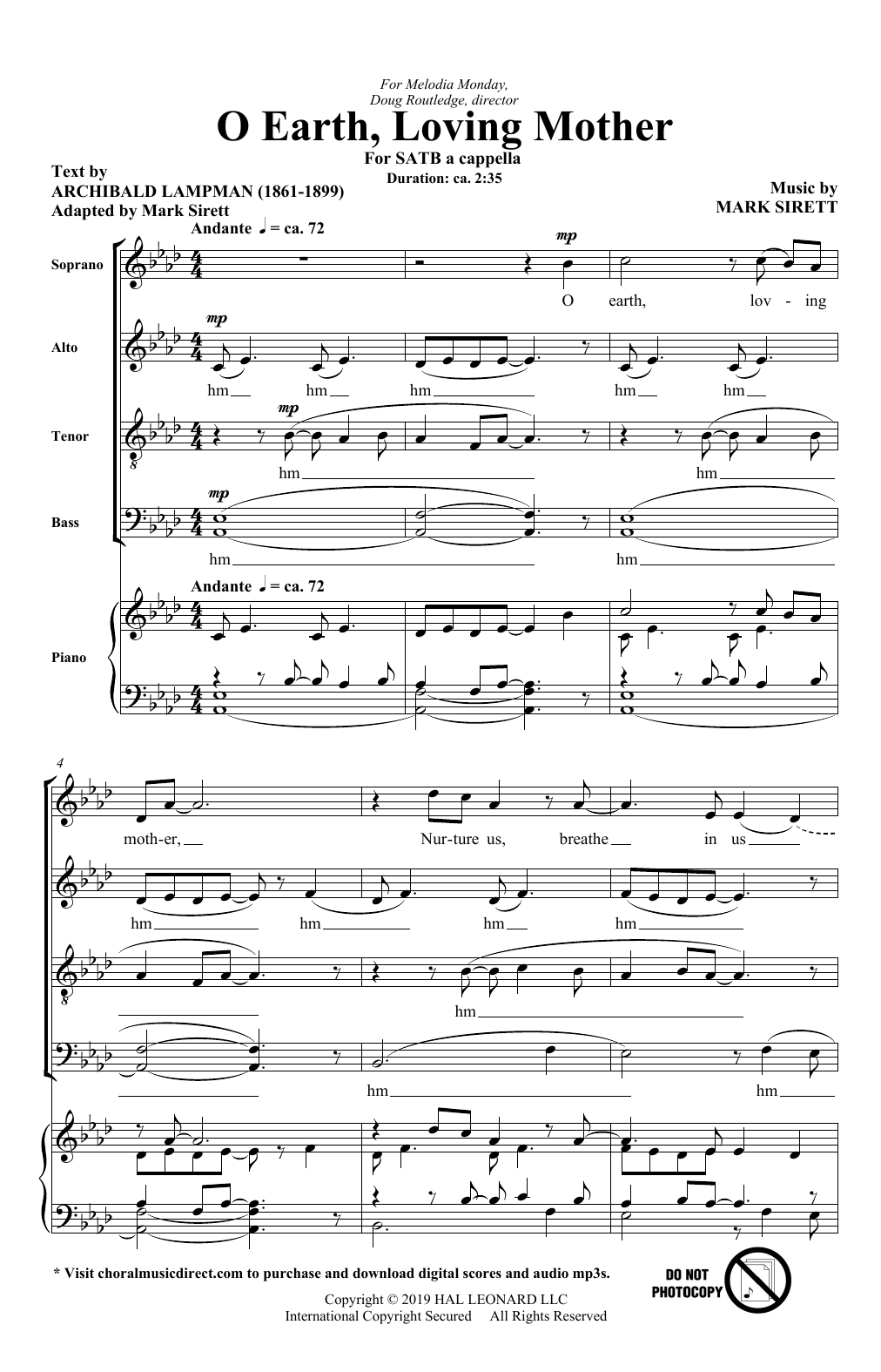 Archibald Lampman and Mark Sirett O Earth, Loving Mother Sheet Music Notes & Chords for SATB Choir - Download or Print PDF