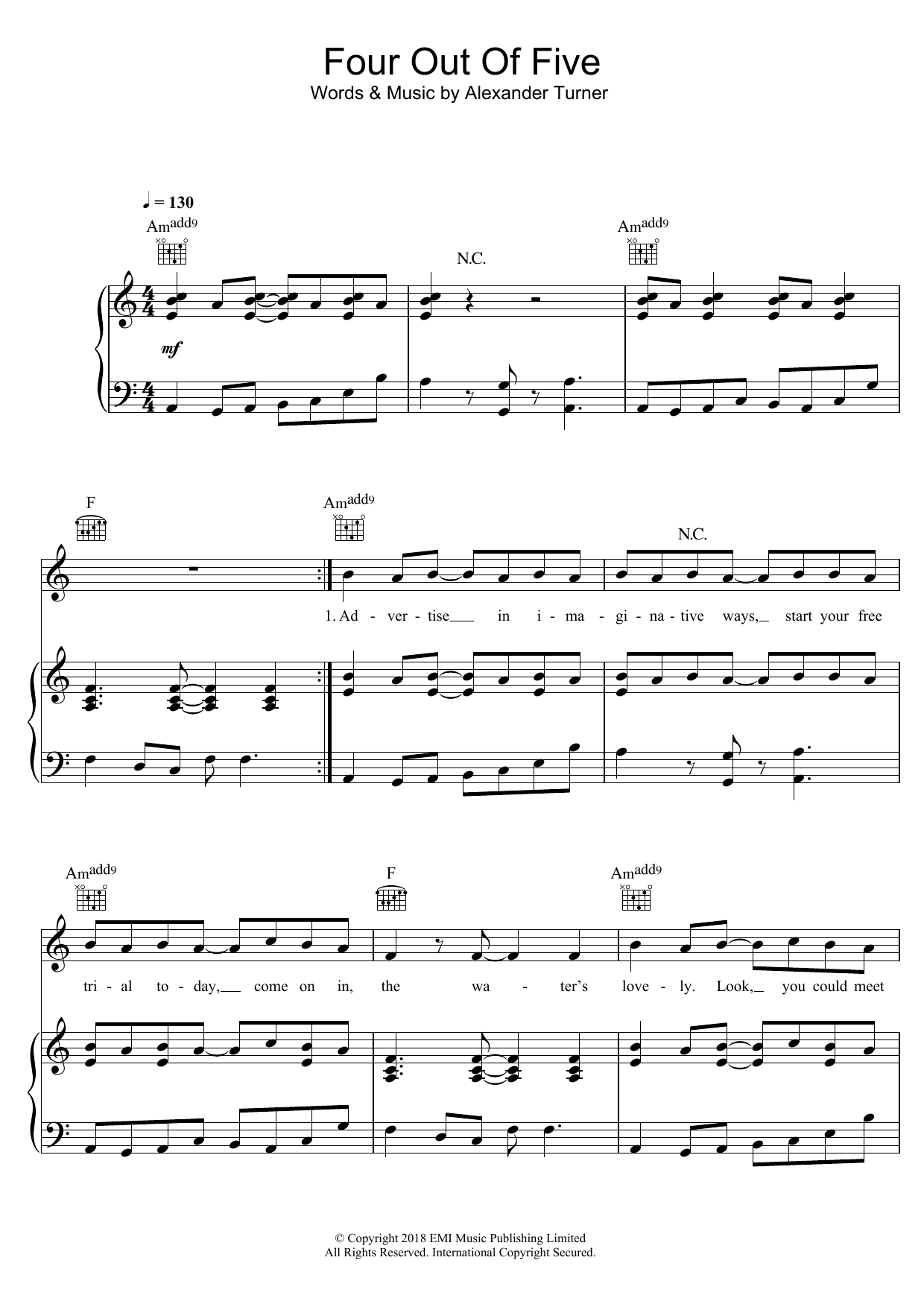 Arctic Monkeys Four Out Of Five Sheet Music Notes & Chords for Piano, Vocal & Guitar (Right-Hand Melody) - Download or Print PDF
