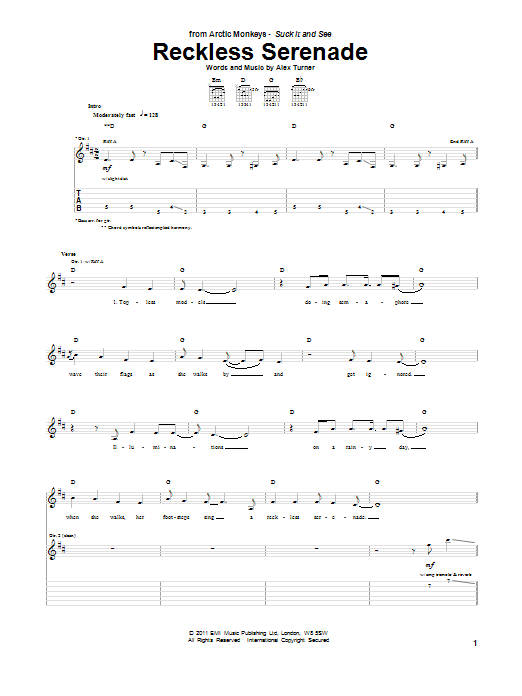 Arctic Monkeys Reckless Serenade Sheet Music Notes & Chords for Guitar Tab - Download or Print PDF