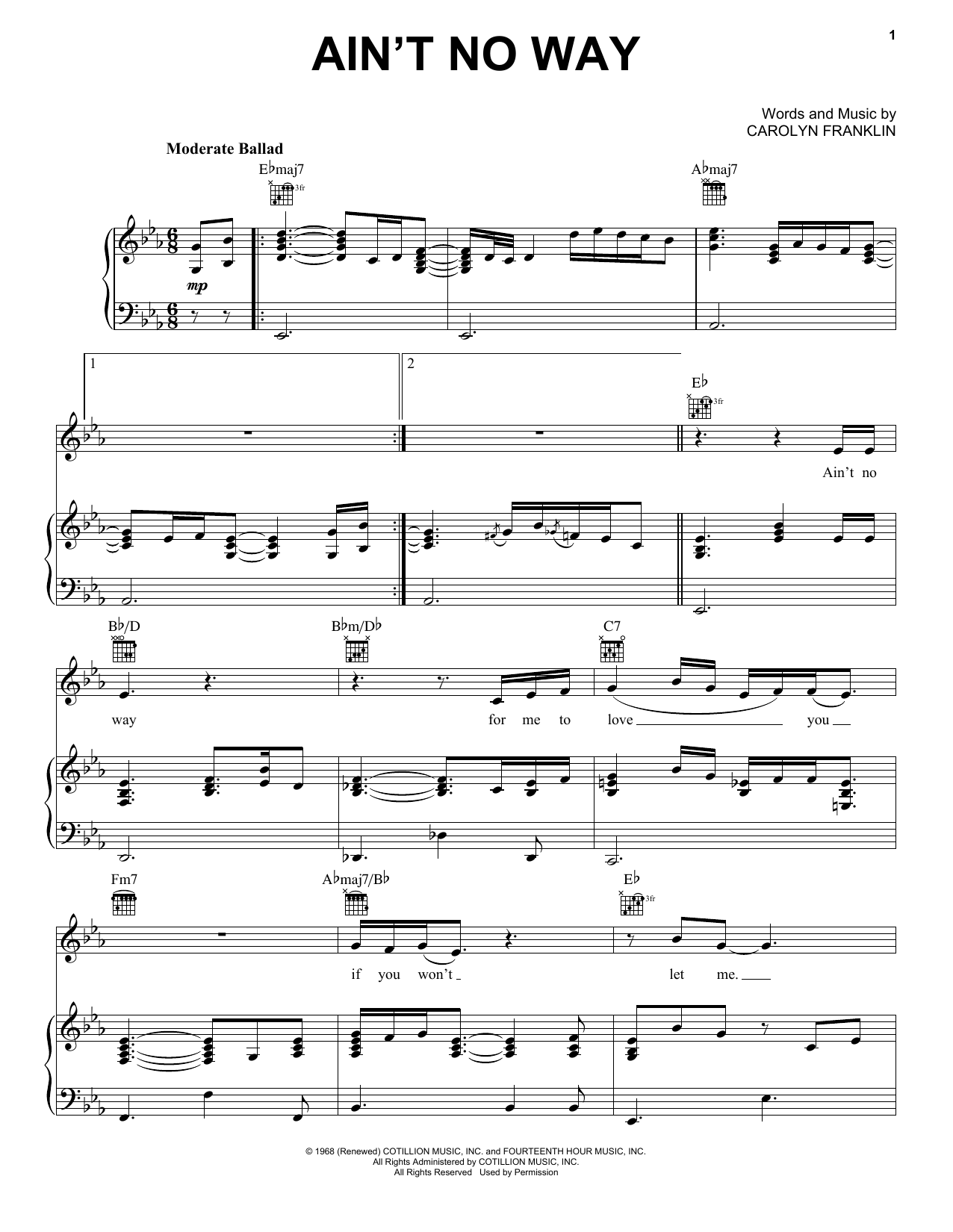 Aretha Franklin Ain't No Way Sheet Music Notes & Chords for Piano, Vocal & Guitar (Right-Hand Melody) - Download or Print PDF