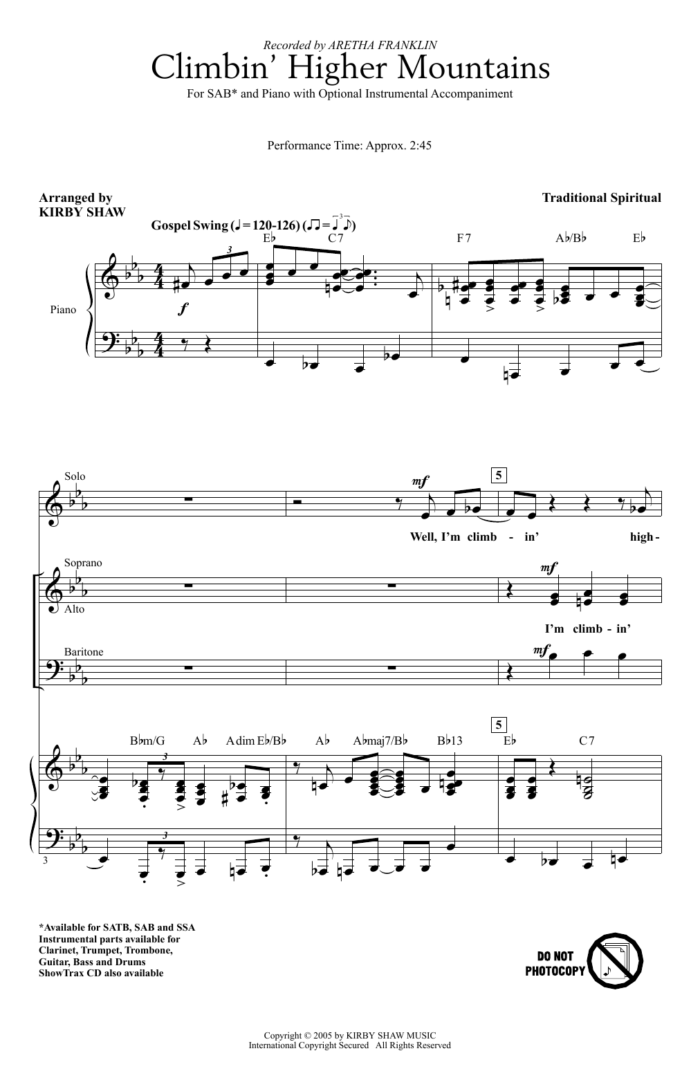 Aretha Franklin Climbin' Higher Mountains (arr. Kirby Shaw) Sheet Music Notes & Chords for SAB Choir - Download or Print PDF
