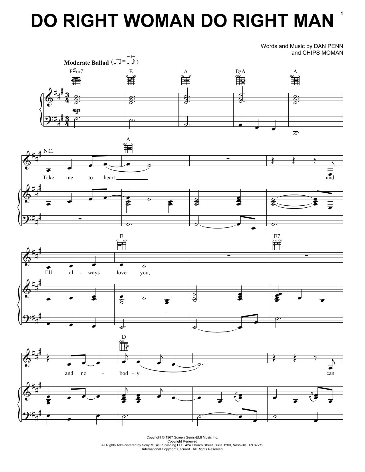 Aretha Franklin Do Right Woman Do Right Man Sheet Music Notes & Chords for Piano, Vocal & Guitar (Right-Hand Melody) - Download or Print PDF