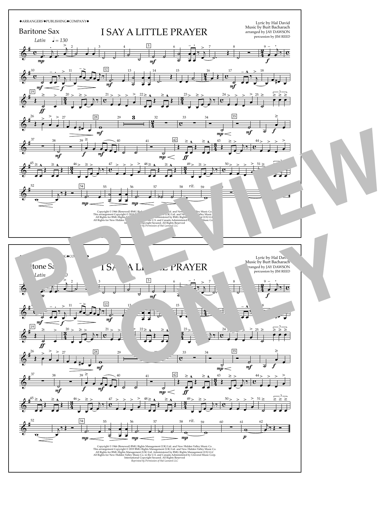 Aretha Franklin I Say a Little Prayer (arr. Jay Dawson) - Bari Sax Sheet Music Notes & Chords for Marching Band - Download or Print PDF