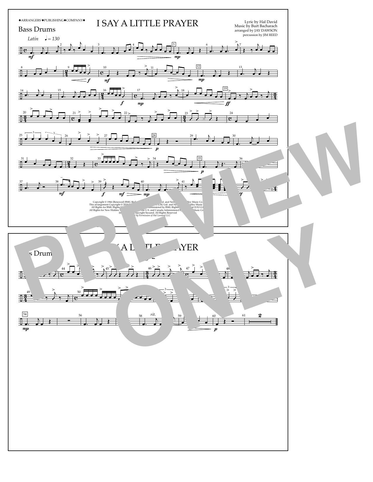 Aretha Franklin I Say a Little Prayer (arr. Jay Dawson) - Bass Drums Sheet Music Notes & Chords for Marching Band - Download or Print PDF