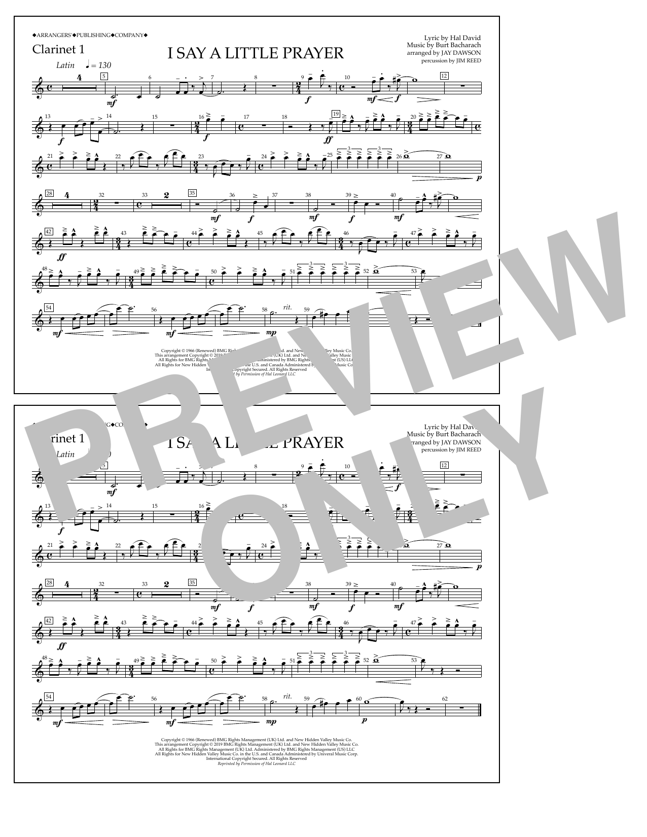 Aretha Franklin I Say a Little Prayer (arr. Jay Dawson) - Clarinet 1 Sheet Music Notes & Chords for Marching Band - Download or Print PDF