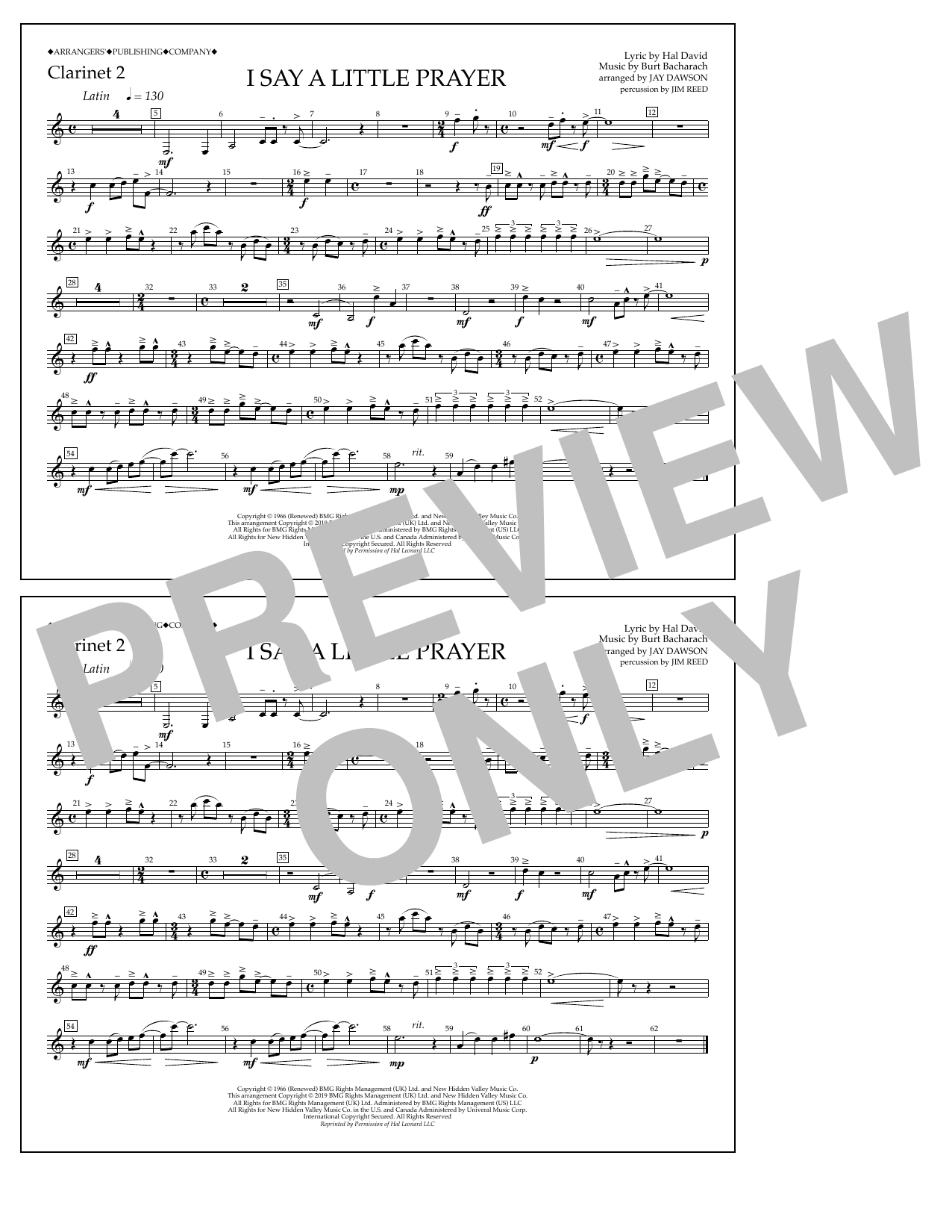 Aretha Franklin I Say a Little Prayer (arr. Jay Dawson) - Clarinet 2 Sheet Music Notes & Chords for Marching Band - Download or Print PDF