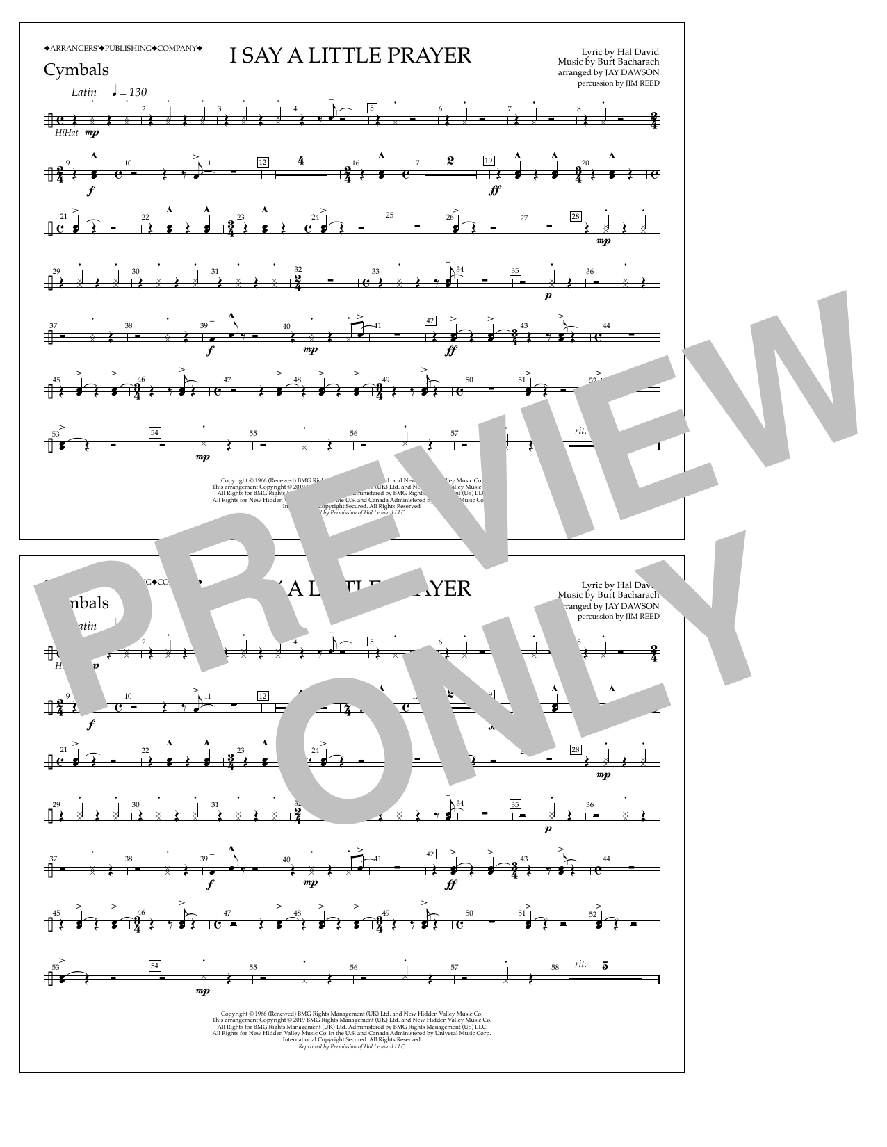 Aretha Franklin I Say a Little Prayer (arr. Jay Dawson) - Cymbals Sheet Music Notes & Chords for Marching Band - Download or Print PDF