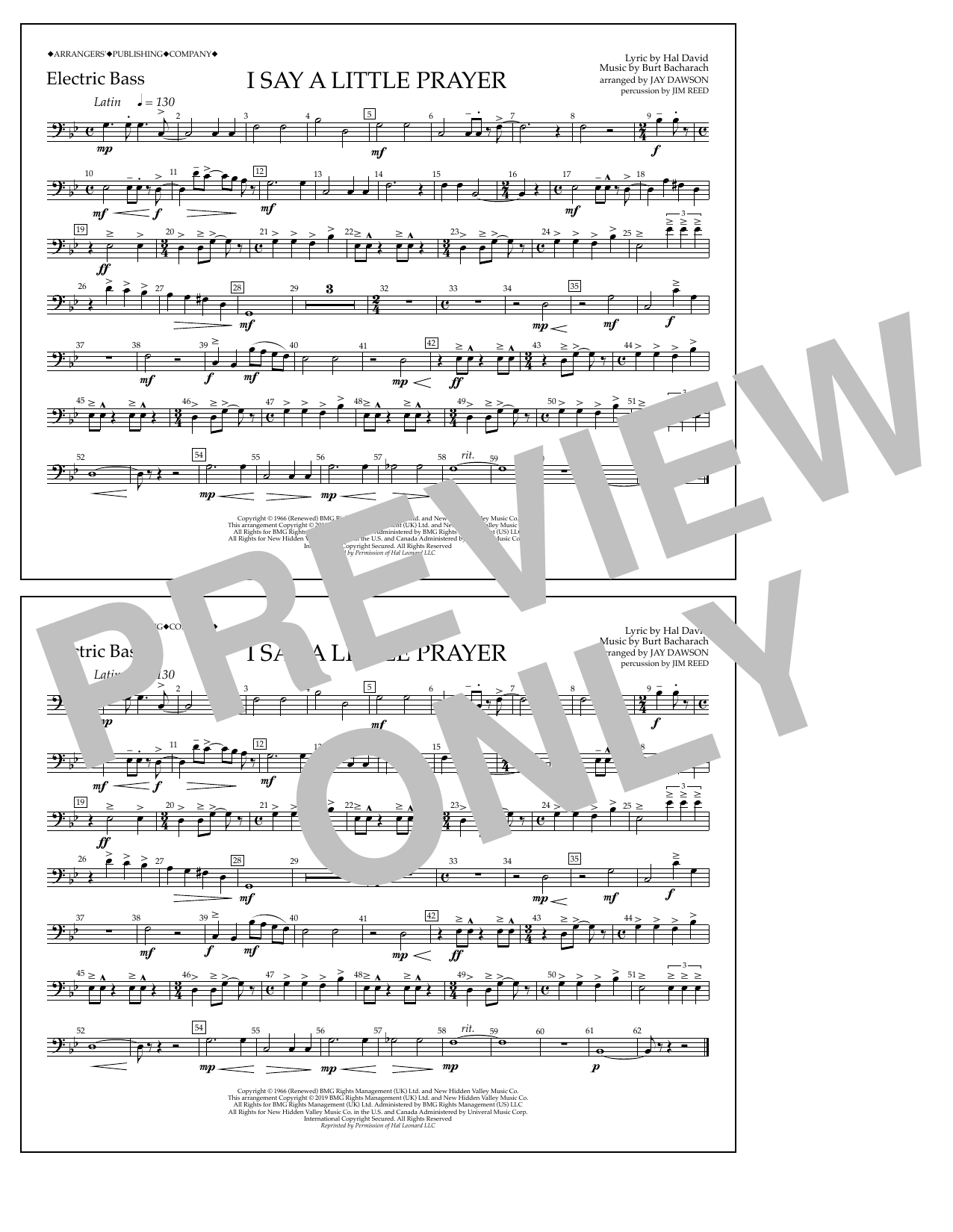 Aretha Franklin I Say a Little Prayer (arr. Jay Dawson) - Electric Bass Sheet Music Notes & Chords for Marching Band - Download or Print PDF