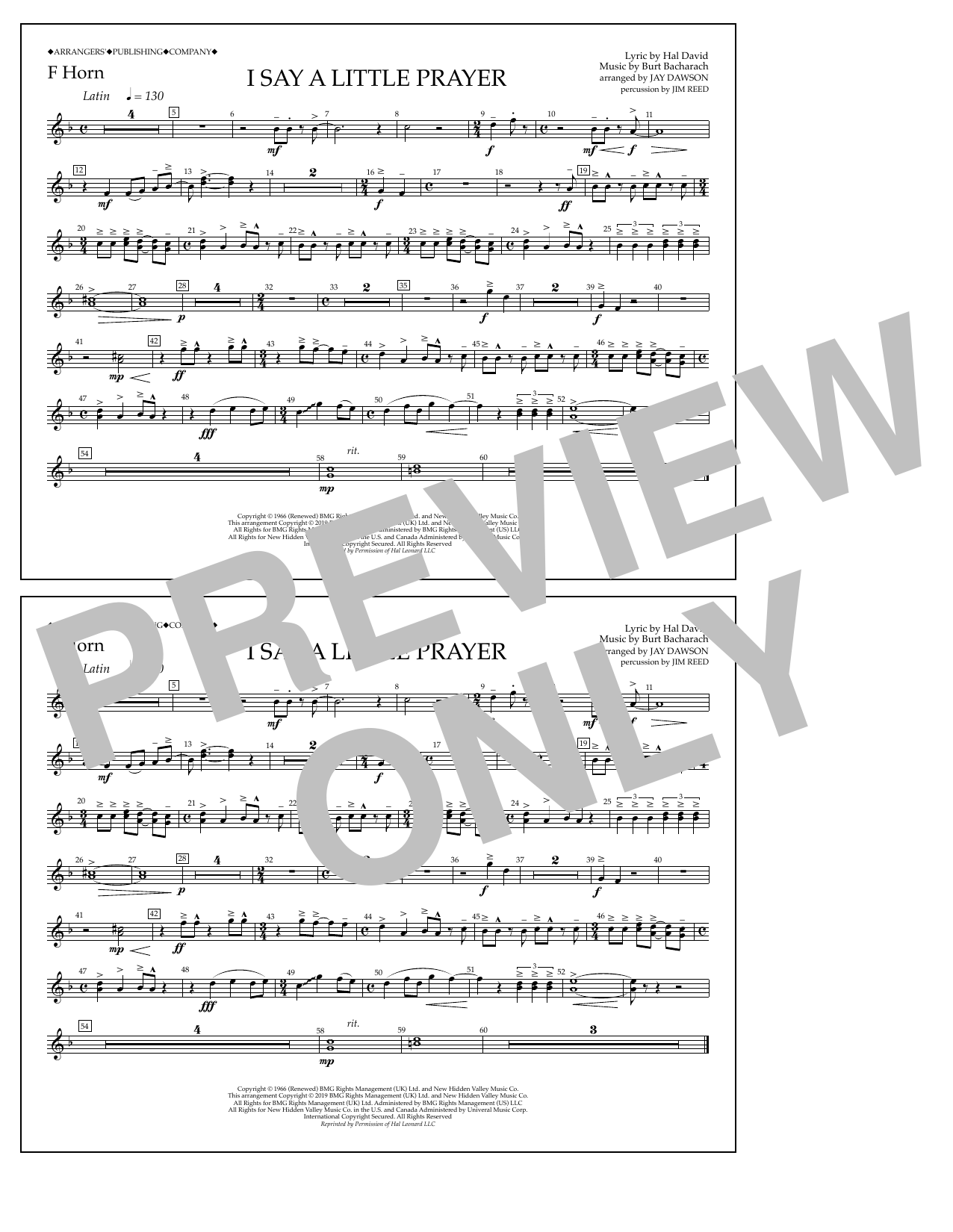 Aretha Franklin I Say a Little Prayer (arr. Jay Dawson) - F Horn Sheet Music Notes & Chords for Marching Band - Download or Print PDF