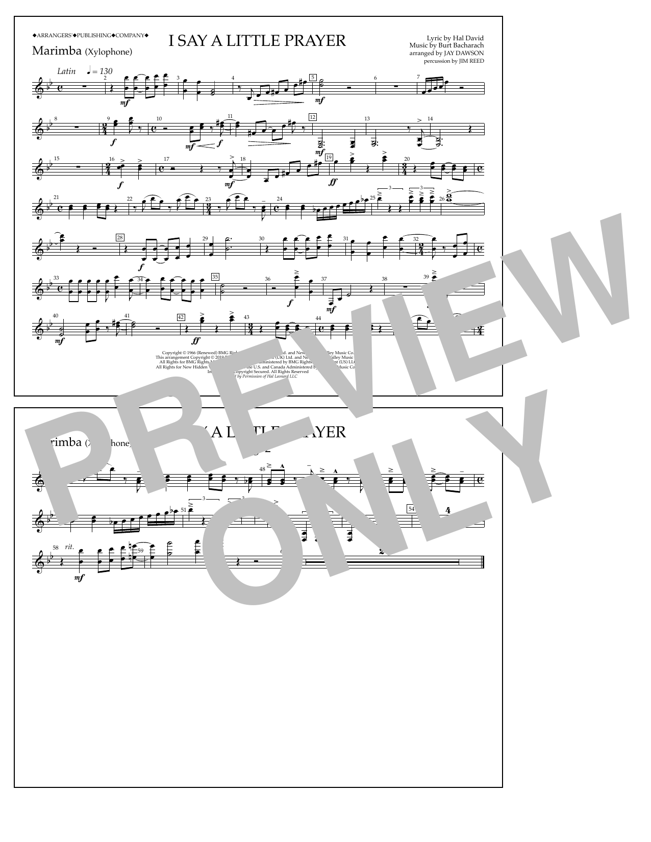 Aretha Franklin I Say a Little Prayer (arr. Jay Dawson) - Marimba Sheet Music Notes & Chords for Marching Band - Download or Print PDF