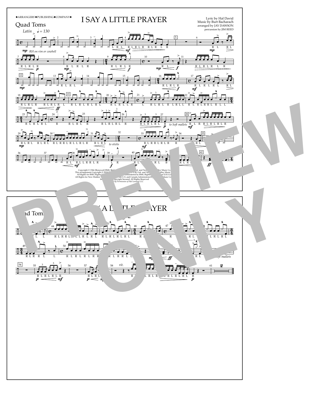 Aretha Franklin I Say a Little Prayer (arr. Jay Dawson) - Quad Toms Sheet Music Notes & Chords for Marching Band - Download or Print PDF