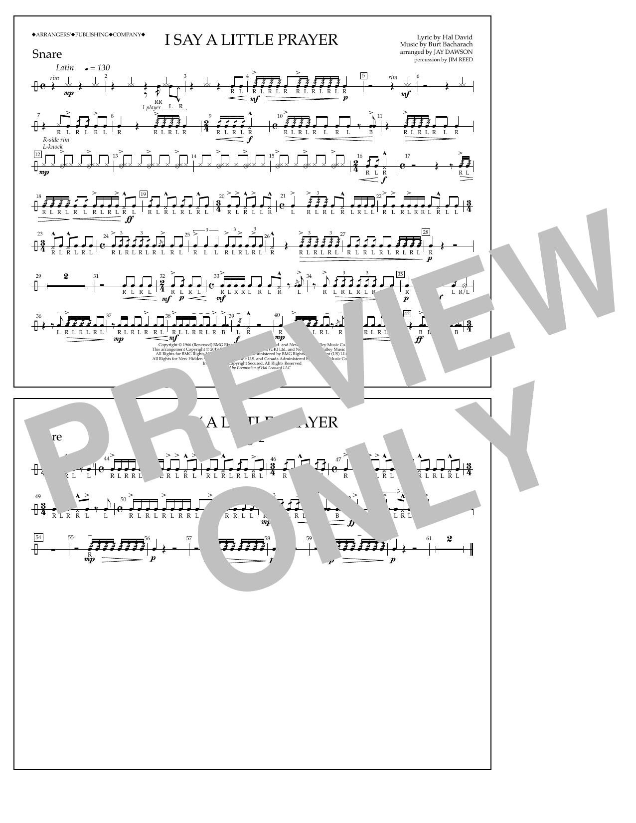 Aretha Franklin I Say a Little Prayer (arr. Jay Dawson) - Snare Sheet Music Notes & Chords for Marching Band - Download or Print PDF