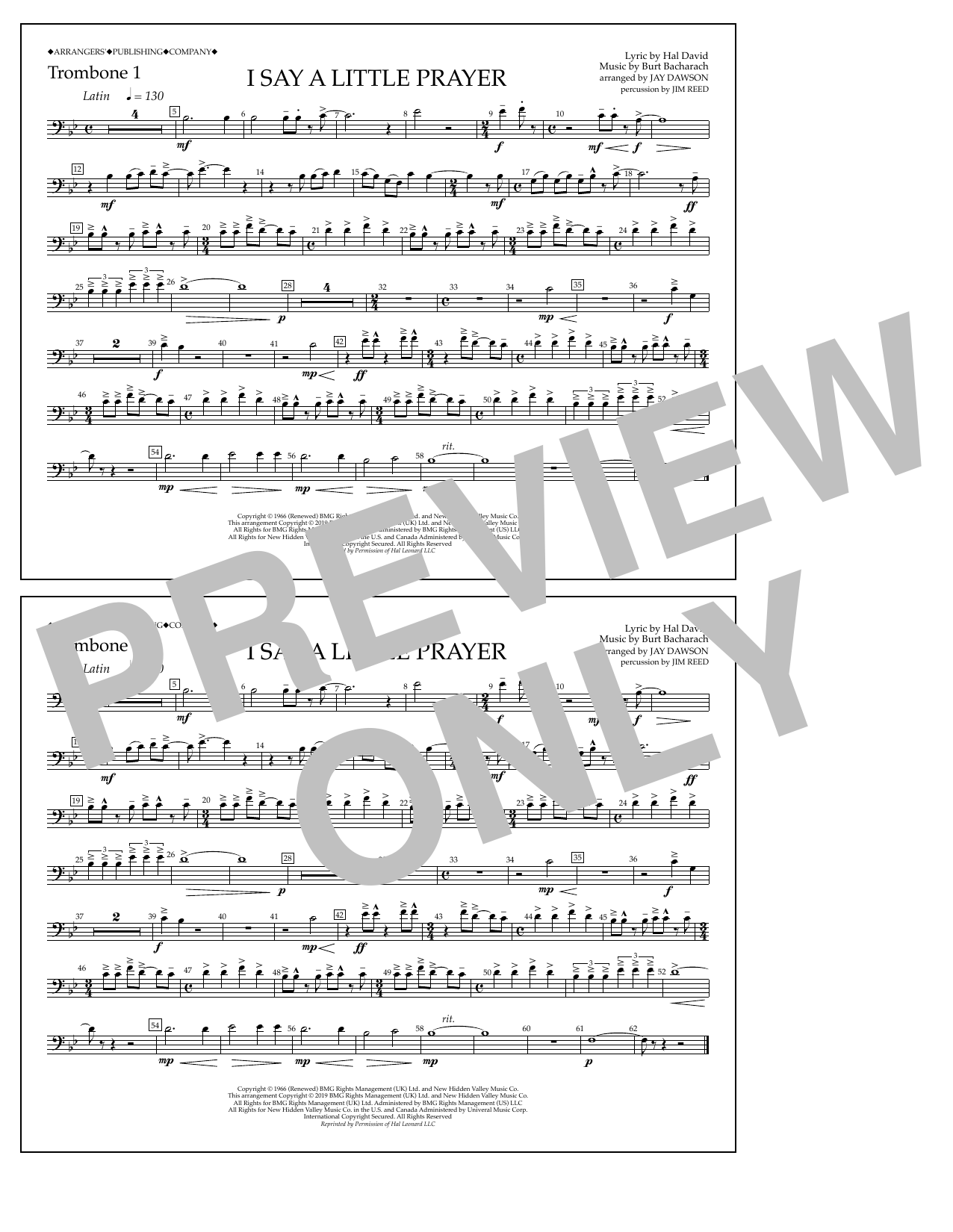 Aretha Franklin I Say a Little Prayer (arr. Jay Dawson) - Trombone 1 Sheet Music Notes & Chords for Marching Band - Download or Print PDF